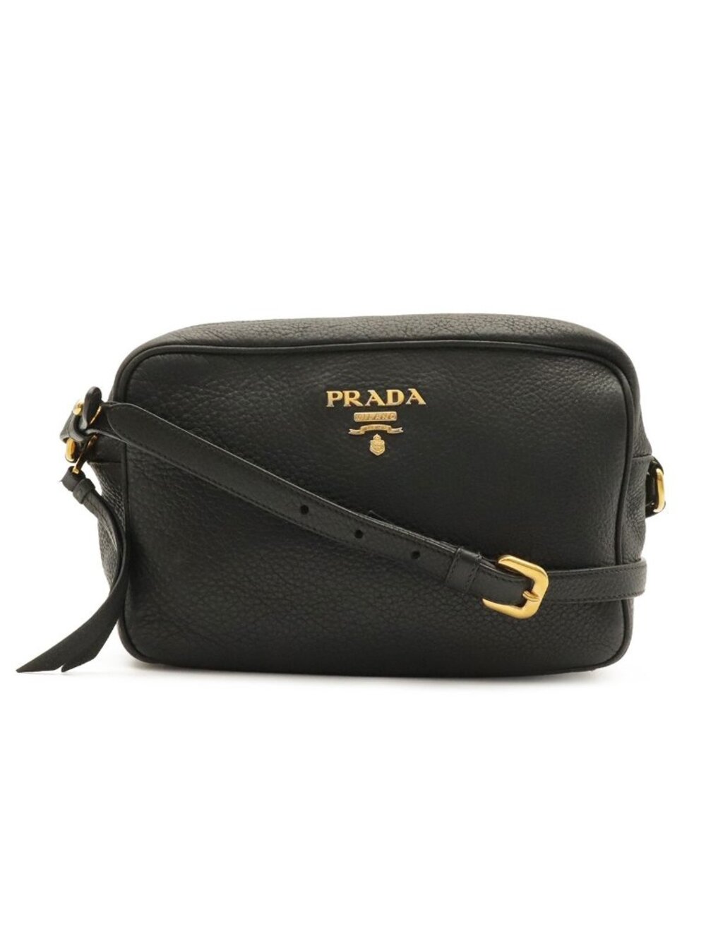 Prada Logo Vitello Daino Shoulder Bag Pochette Crossbody Leather Nero Black Gold